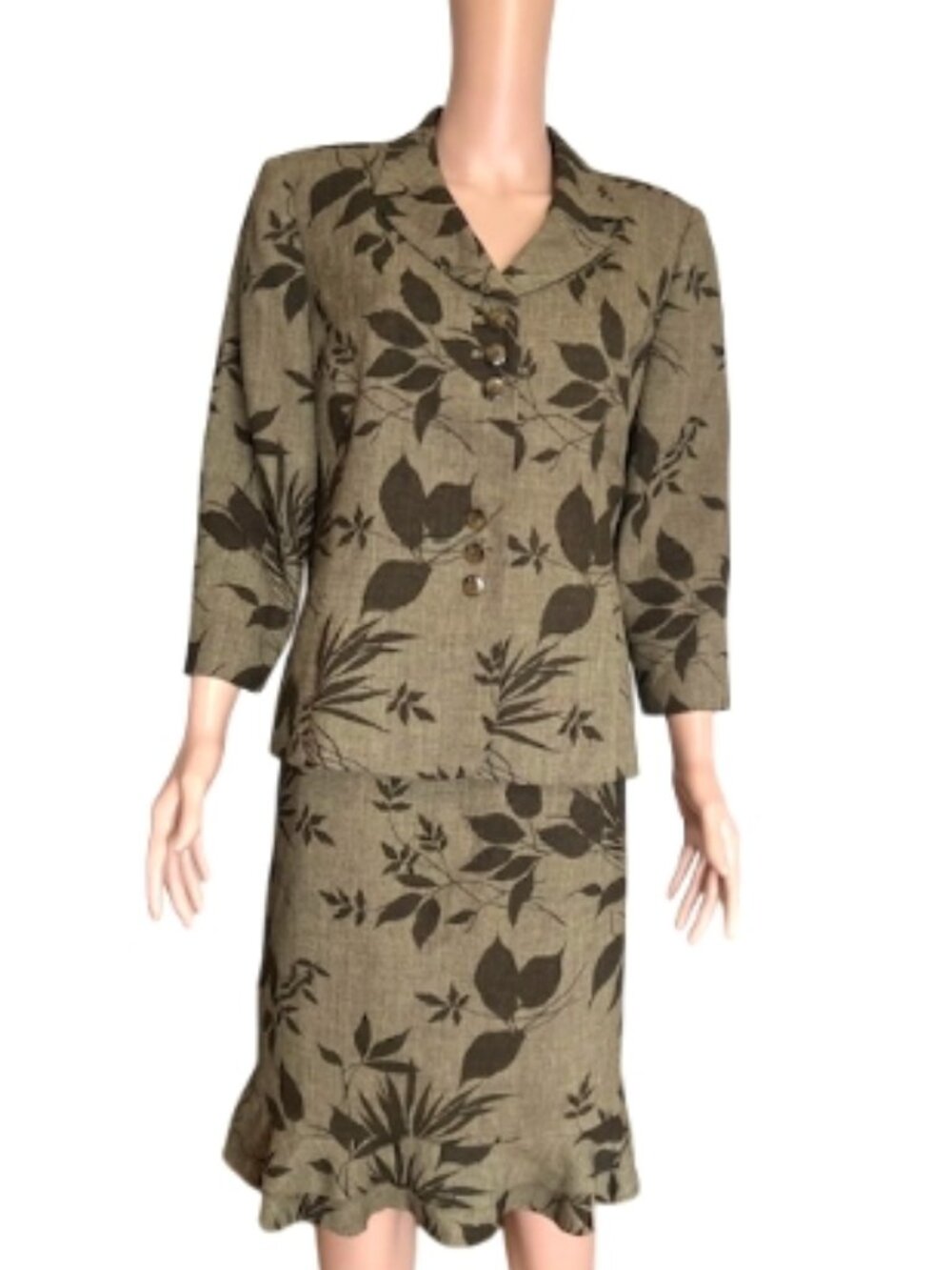Le Suit Skirt Suit Set Sz 12 Olive Brown Floral Leaf Print Ruffle Hem 2 Pc